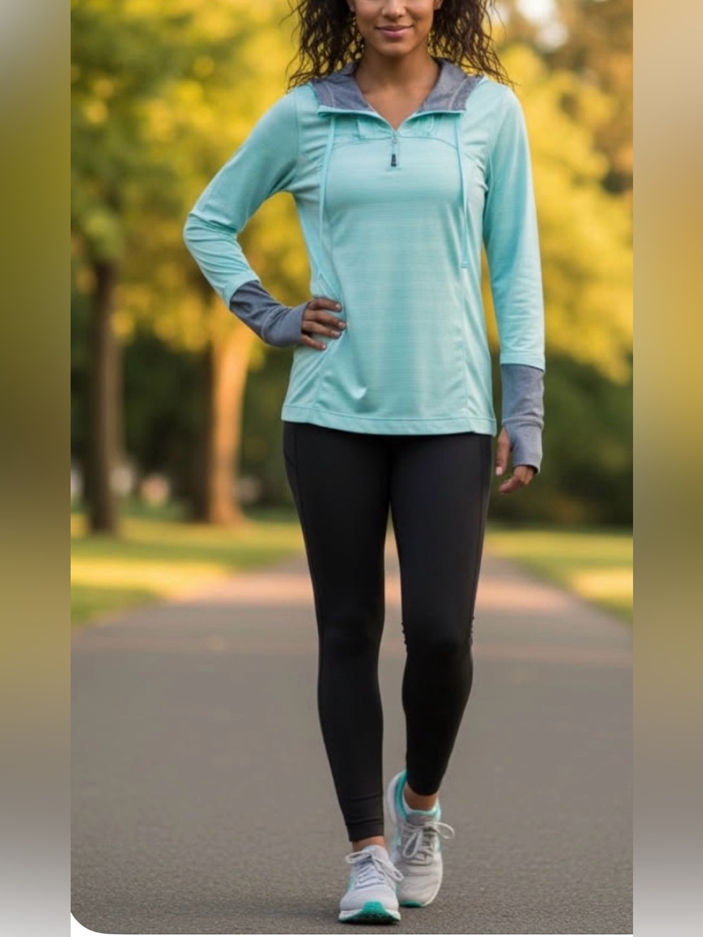 MPG Tiffany Blue/Gray Lightweight Hooded Pullover Athletic Top Half Zip